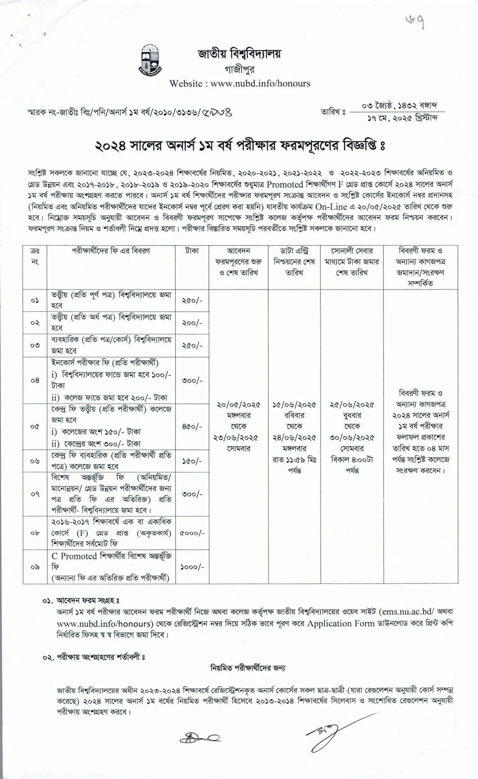 National University Honours 1st year Form Fill up 2025